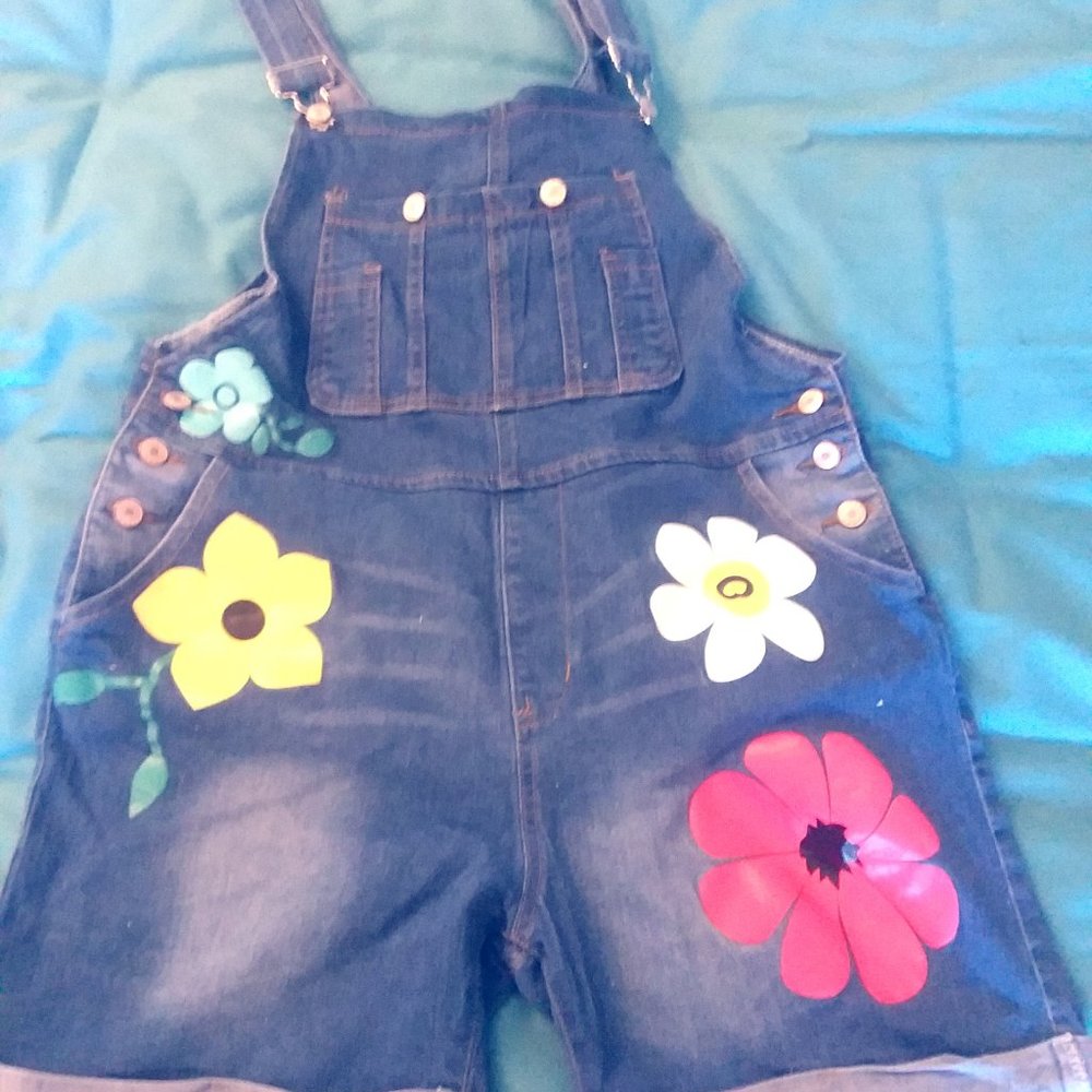 Flowery Denim Short Overalls Dungarees